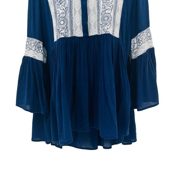 Lace Flutter Peasant Ruffle Sleeve Blue White Blouse Top Tunic New Directions - Picture 5 of 7
